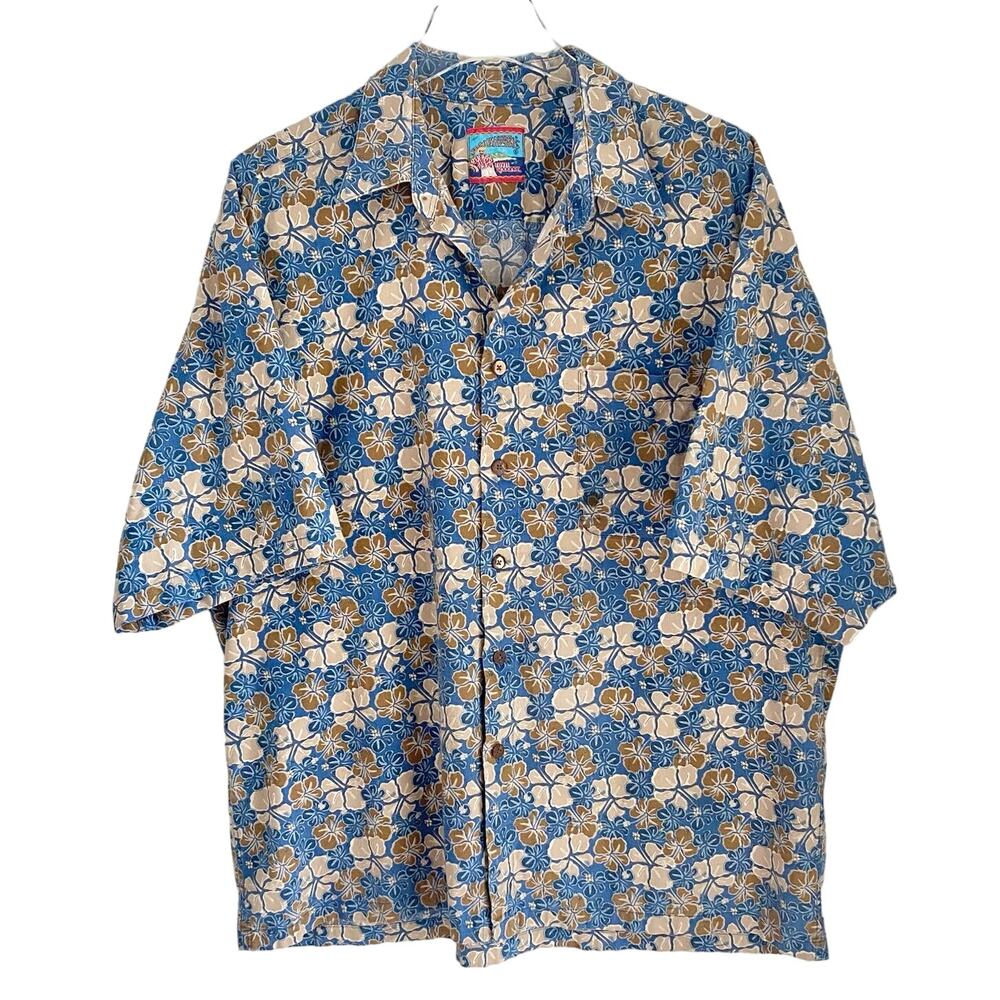 Vintage Reyn Spooner Joe Kealoha Hawaiian Shirt Men XL Blue Tan Florals Aloha